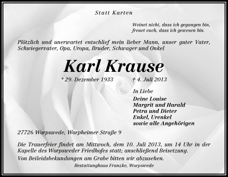 Traueranzeige von Karl Krause von WESER-KURIER