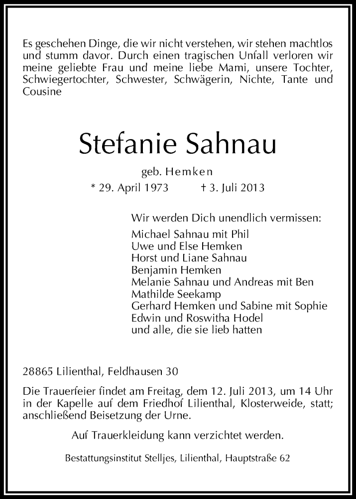 Traueranzeige von Stefanie Sahnau von WESER-KURIER