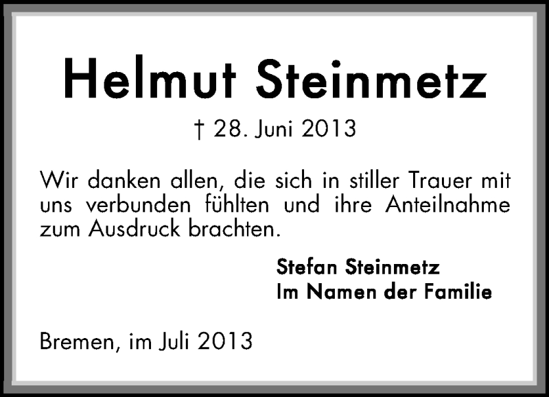 Traueranzeige von Helmut Steinmetz von WESER-KURIER