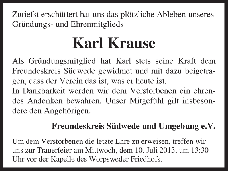 Traueranzeige von Karl Krause von WESER-KURIER