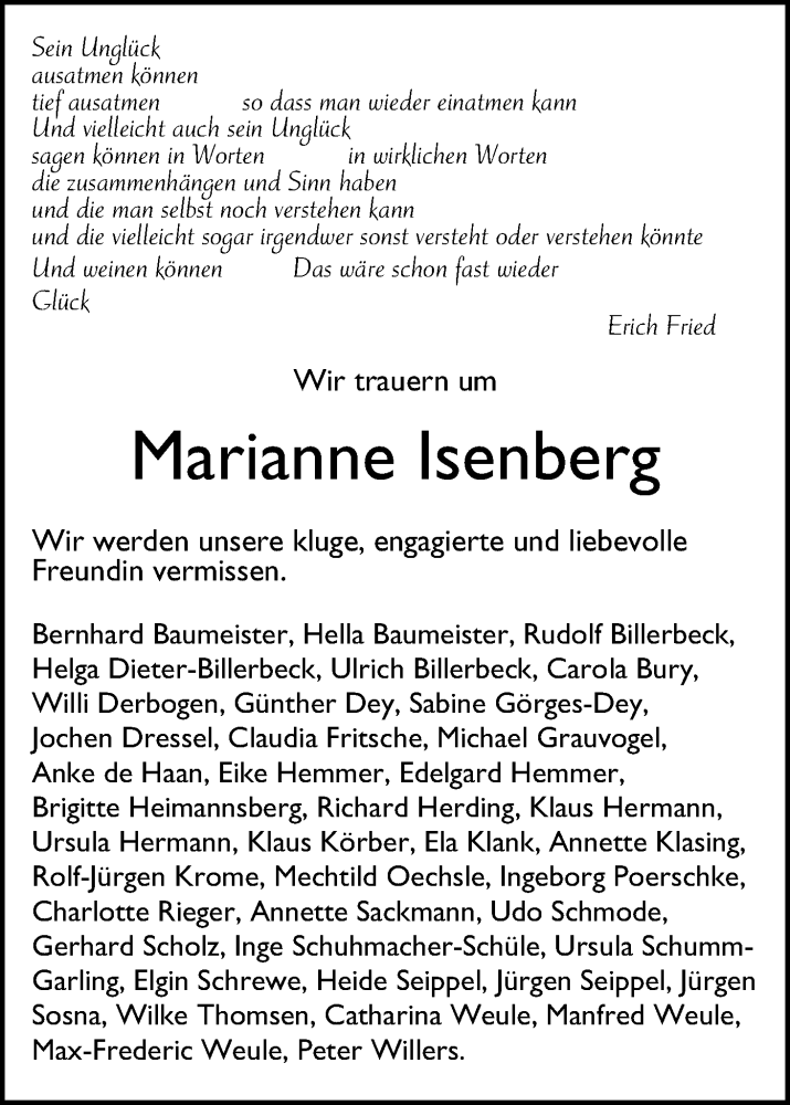 Traueranzeige von Marianne Isenberg von WESER-KURIER