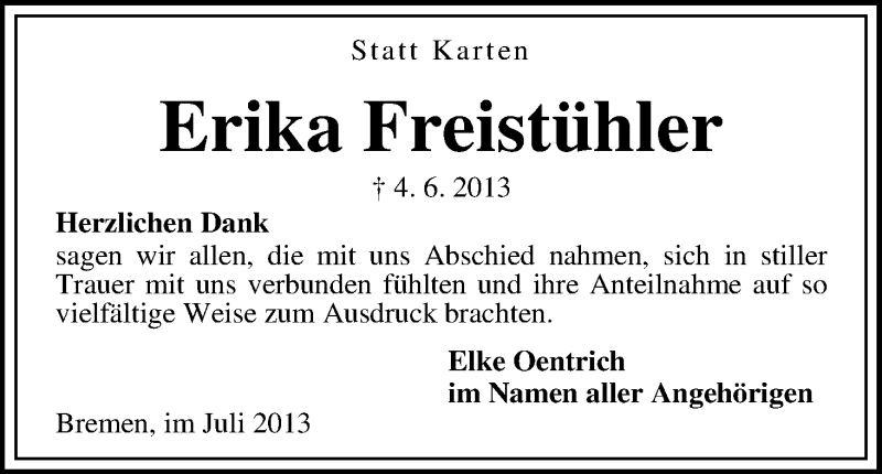 Traueranzeige von Erika Freistühler von WESER-KURIER