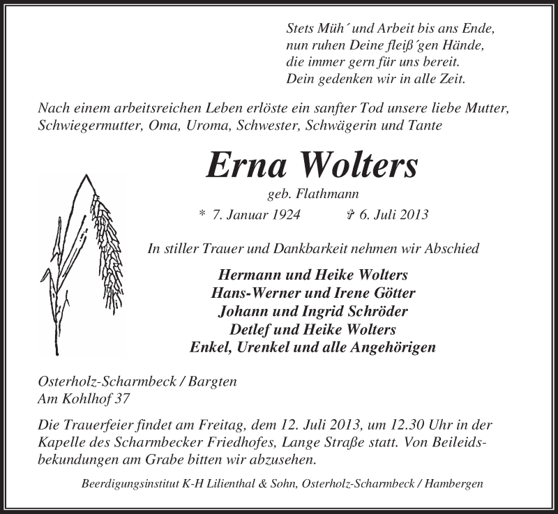 Traueranzeige von Erna Wolters von WESER-KURIER