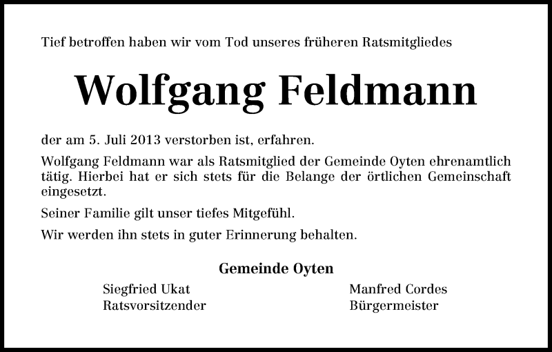 Traueranzeige von Wolfgang Feldmann von WESER-KURIER
