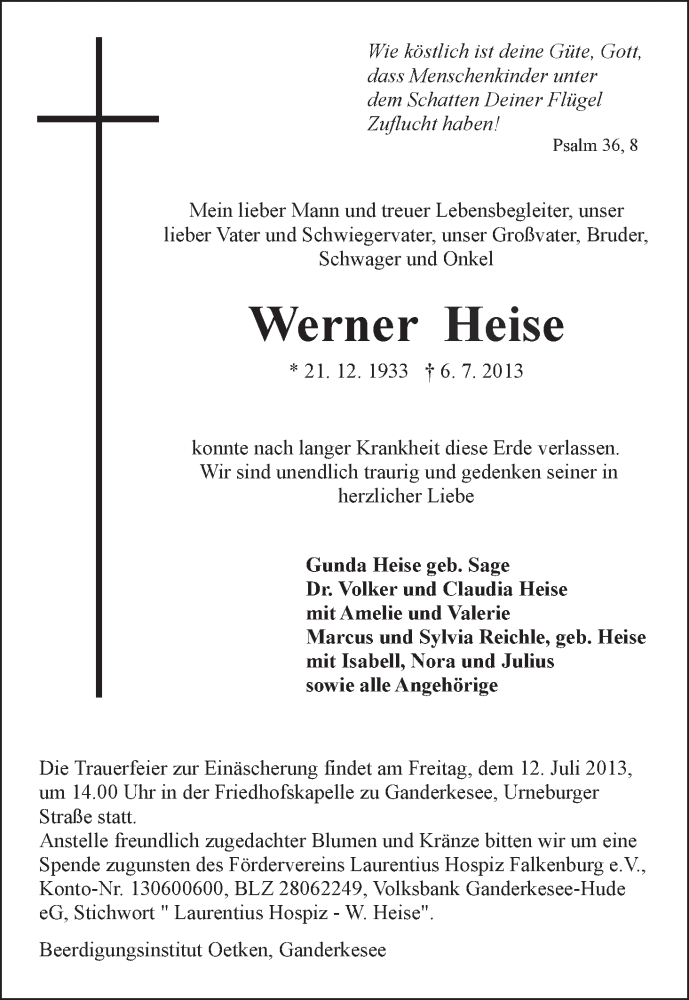 Traueranzeige von Werner Heise von WESER-KURIER