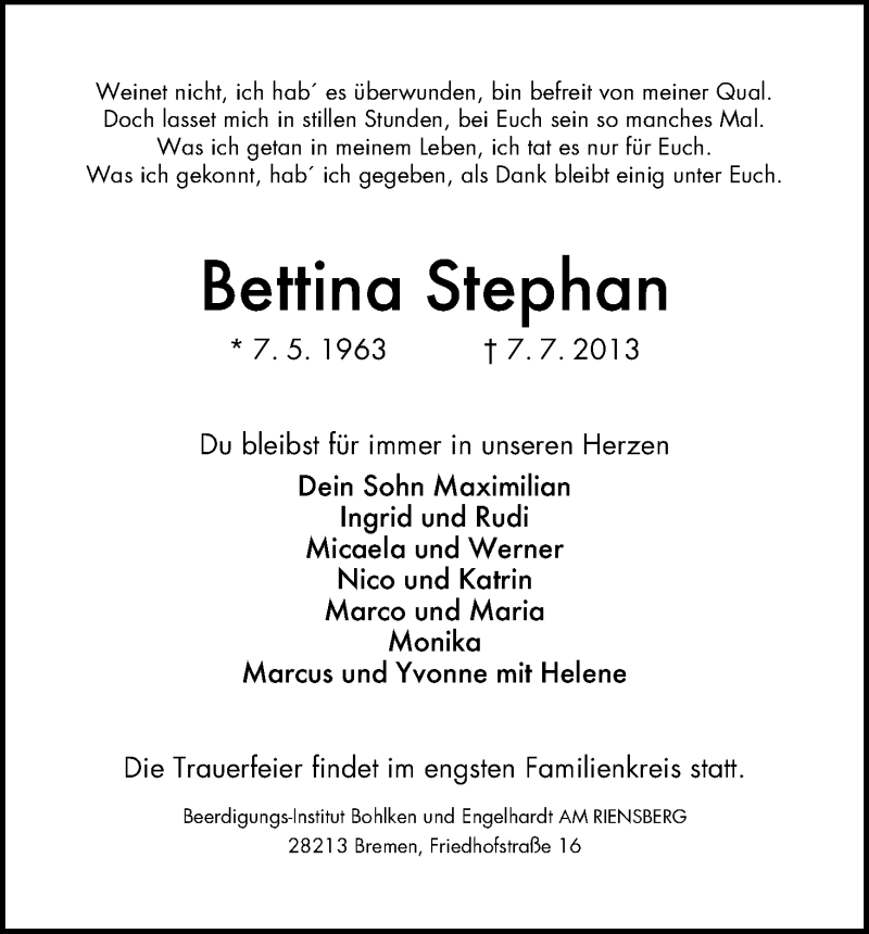 Traueranzeige von Bettina Stephan von WESER-KURIER