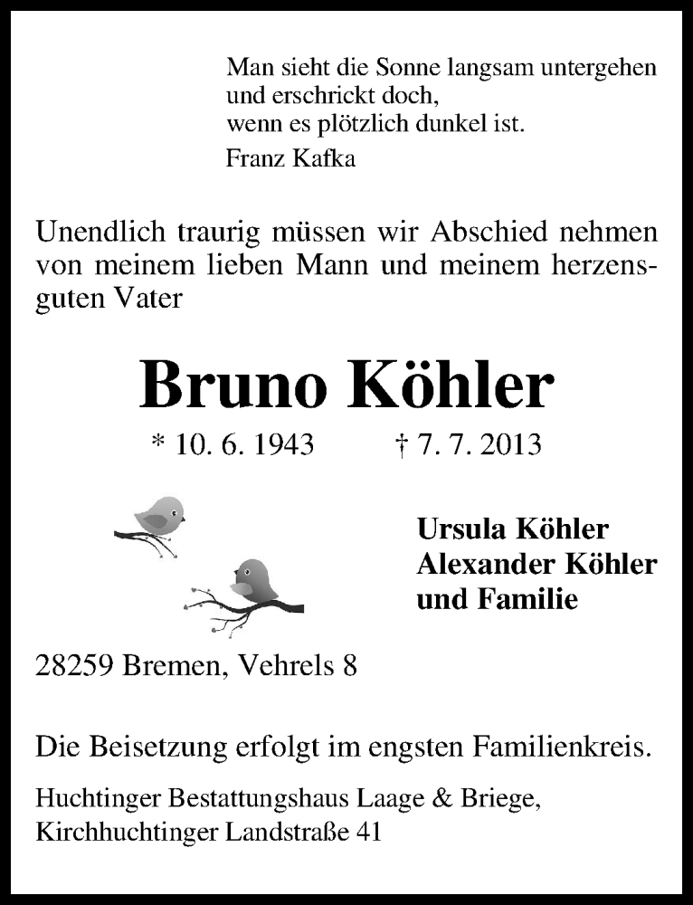 Traueranzeige von Bruno Köhler von WESER-KURIER