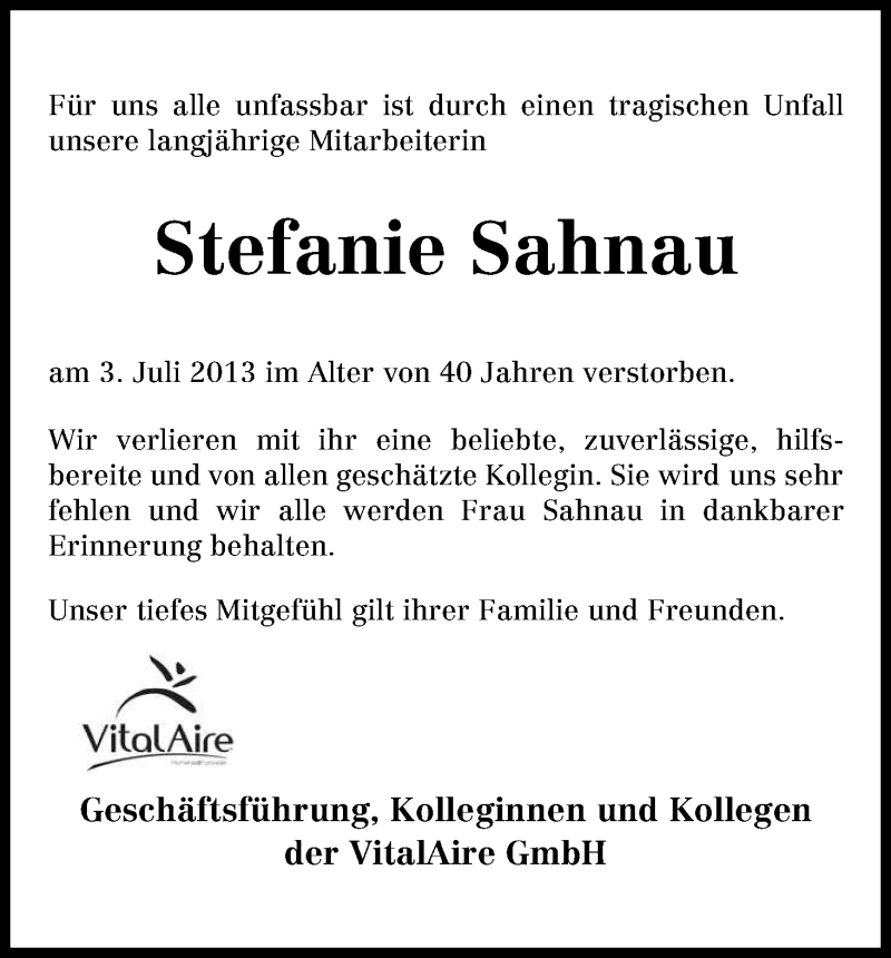 Traueranzeige von Stefanie Sahnau von WESER-KURIER