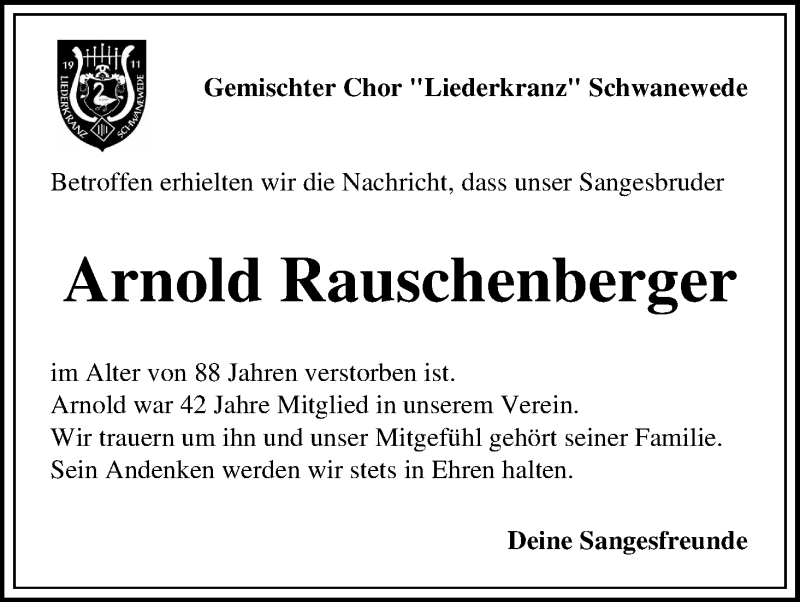Traueranzeige von Arnold Rauschenberger von WESER-KURIER