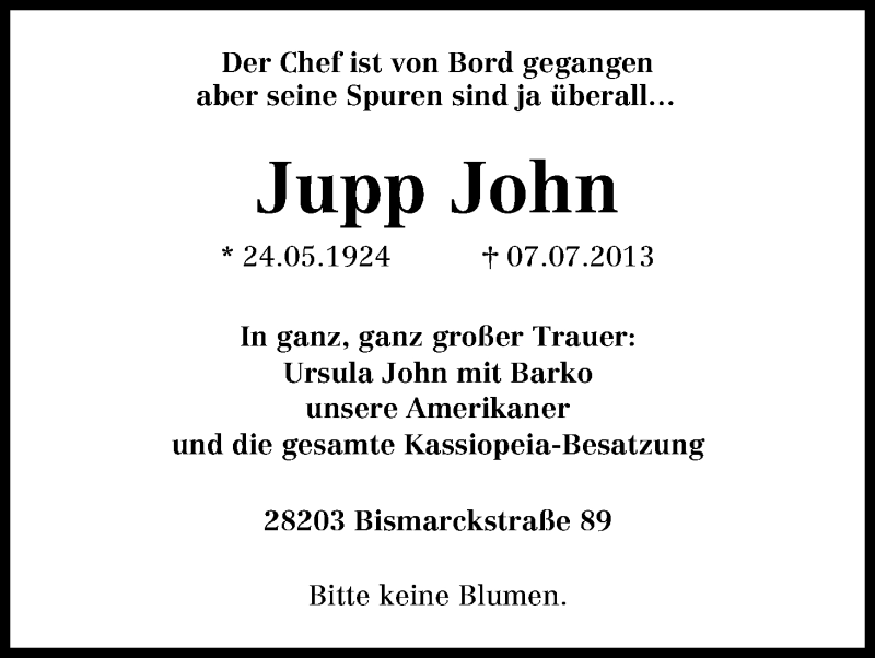 Traueranzeige von Jupp John von WESER-KURIER