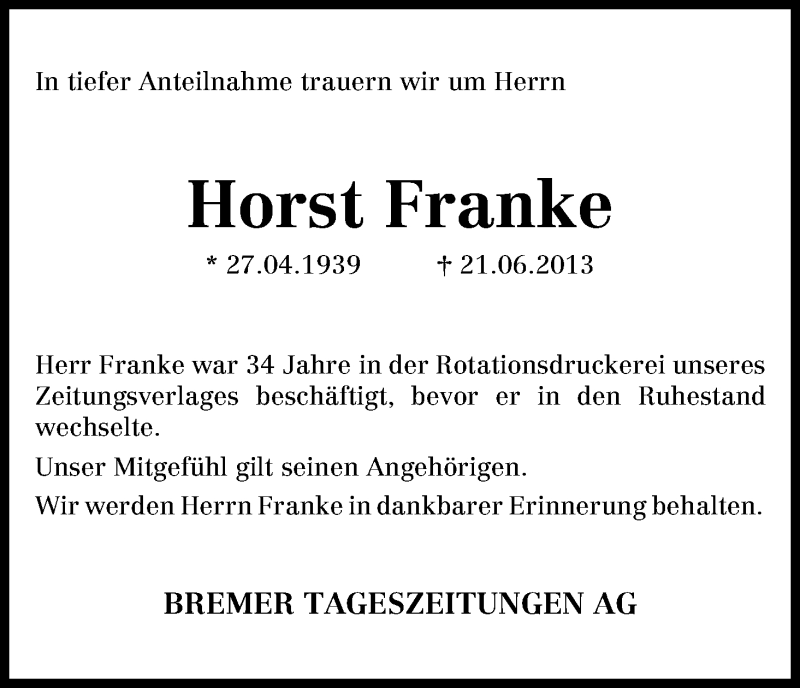 Traueranzeige von Horst Franke von WESER-KURIER