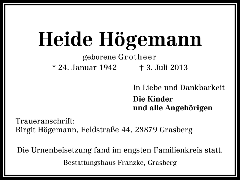 Traueranzeige von Heide Högemann von WESER-KURIER