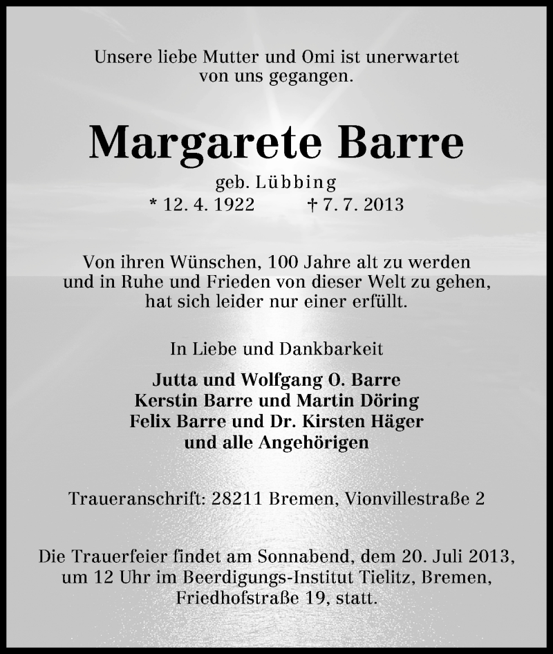 Traueranzeige von Margarete Barre von WESER-KURIER