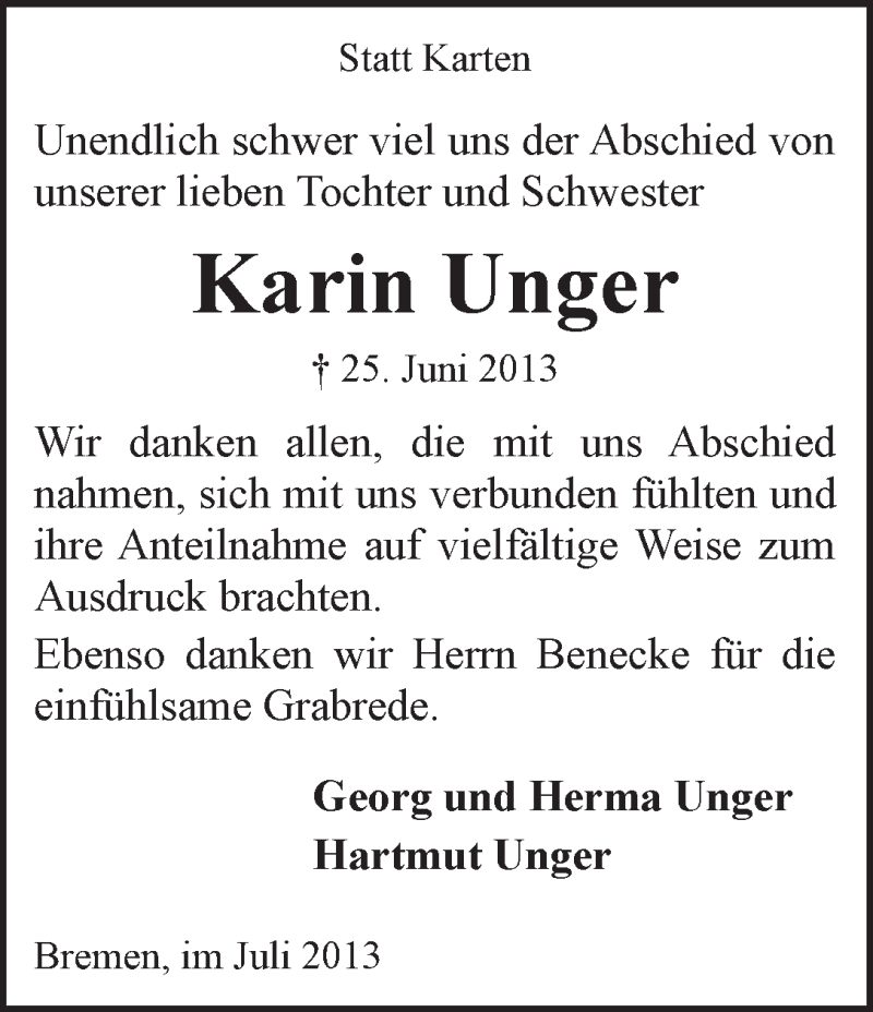 Traueranzeige von Karin Unger von WESER-KURIER
