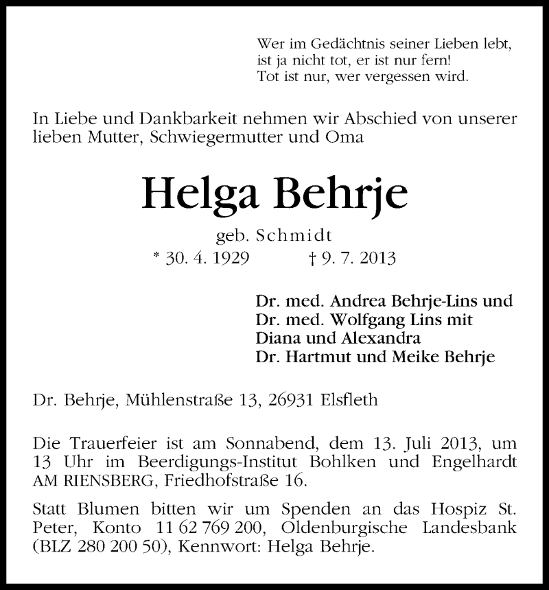 Traueranzeige von Helga Behrje von WESER-KURIER