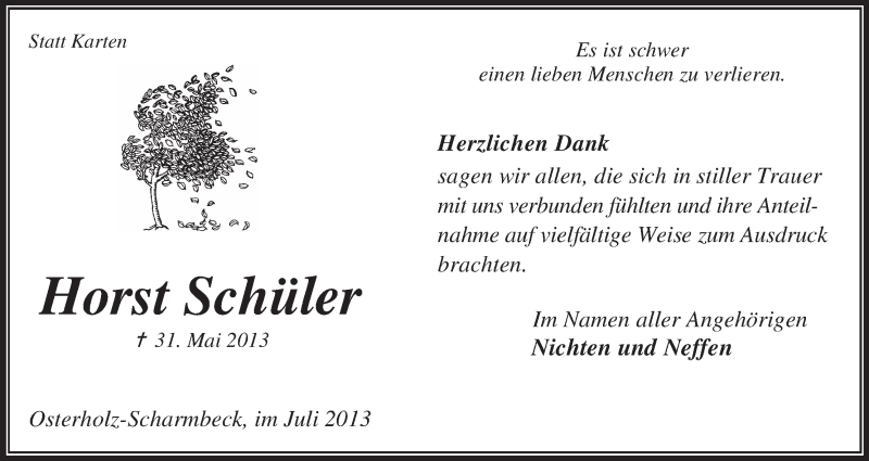 Traueranzeige von Horst Schüler von WESER-KURIER