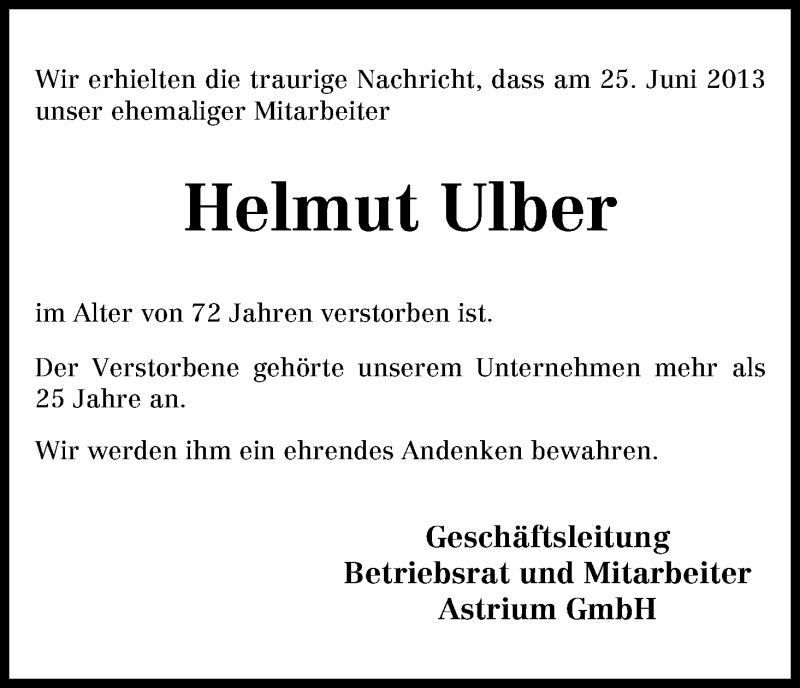 Traueranzeige von Helmut Ulber von WESER-KURIER