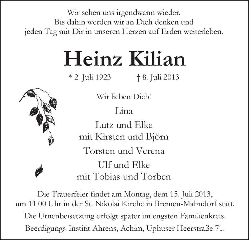 Traueranzeige von Heinz Kilian von WESER-KURIER