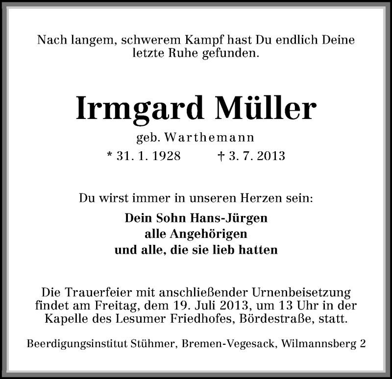Traueranzeige von Irmgard Müller von WESER-KURIER