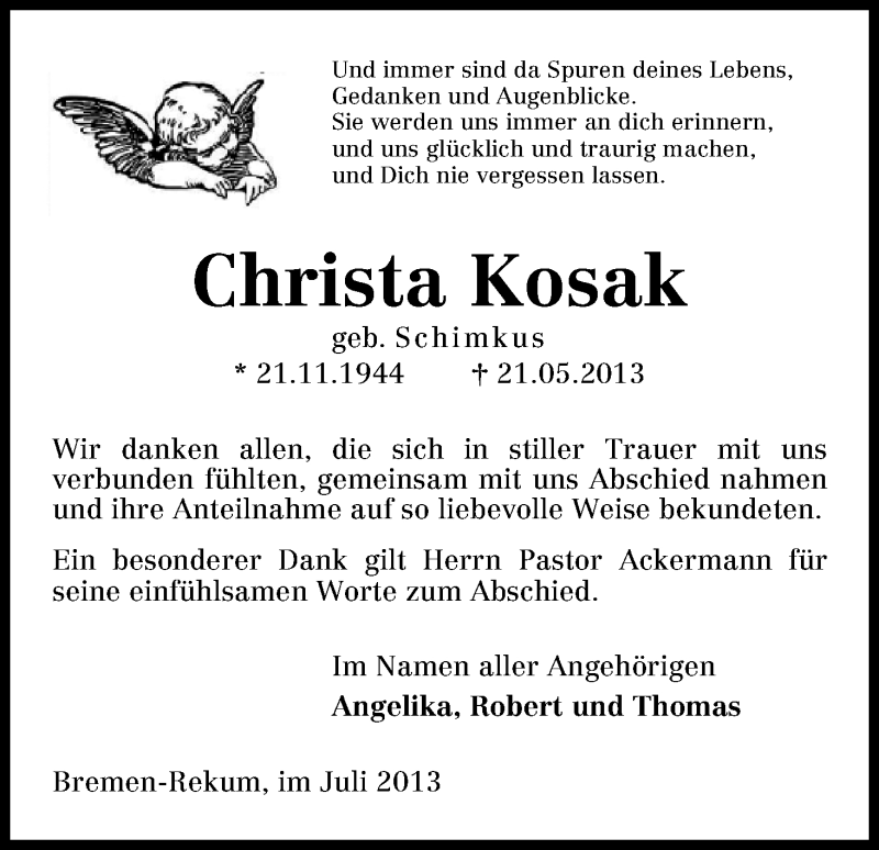Traueranzeige von Christa Kosak von WESER-KURIER