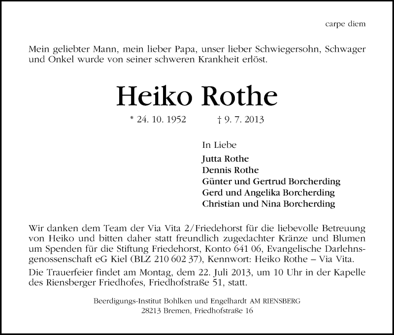 Traueranzeige von Heiko Rothe von WESER-KURIER