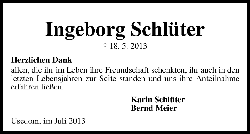 Traueranzeige von Ingeborg Schlüter von WESER-KURIER