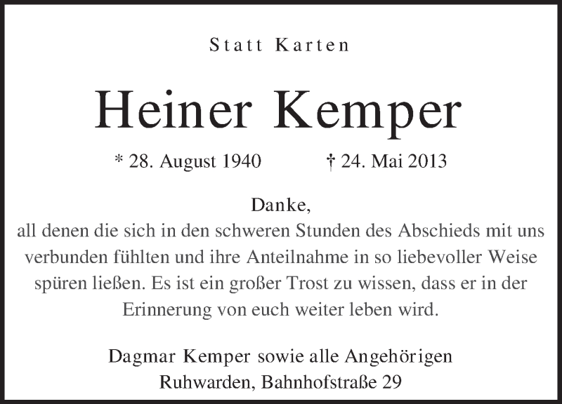 Traueranzeige von Heiner Kemper von WESER-KURIER