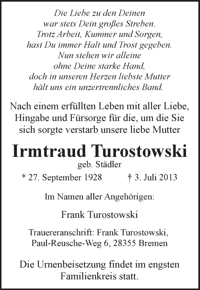 Traueranzeige von Irmtraud Turostowski von WESER-KURIER