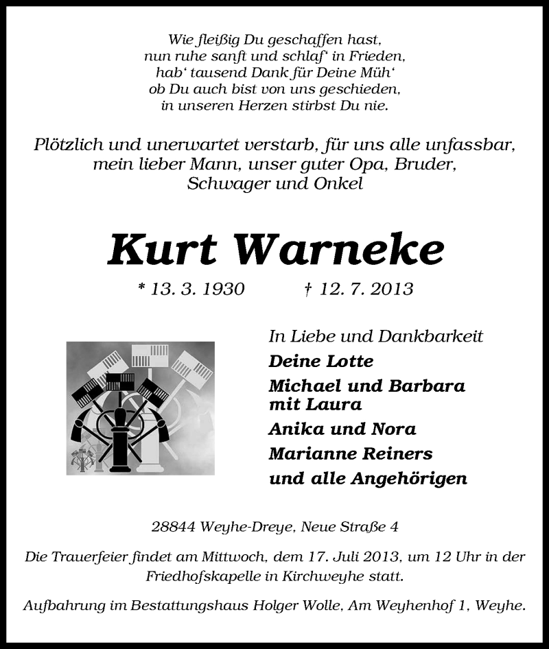 Traueranzeige von Kurt Warneke von WESER-KURIER