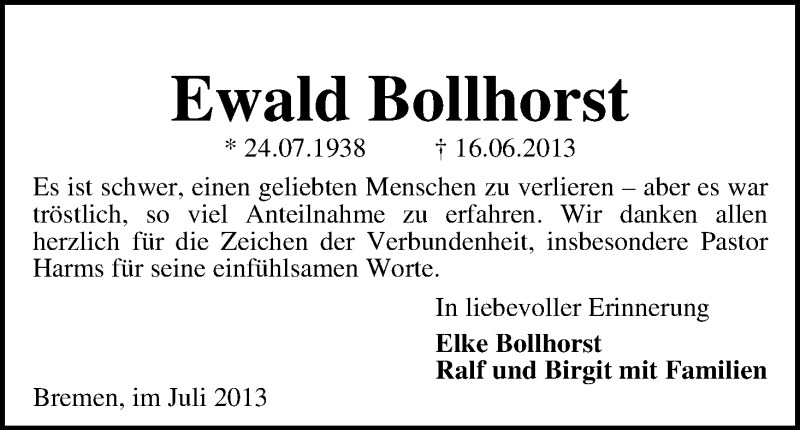 Traueranzeige von Ewald Bollhorst von WESER-KURIER