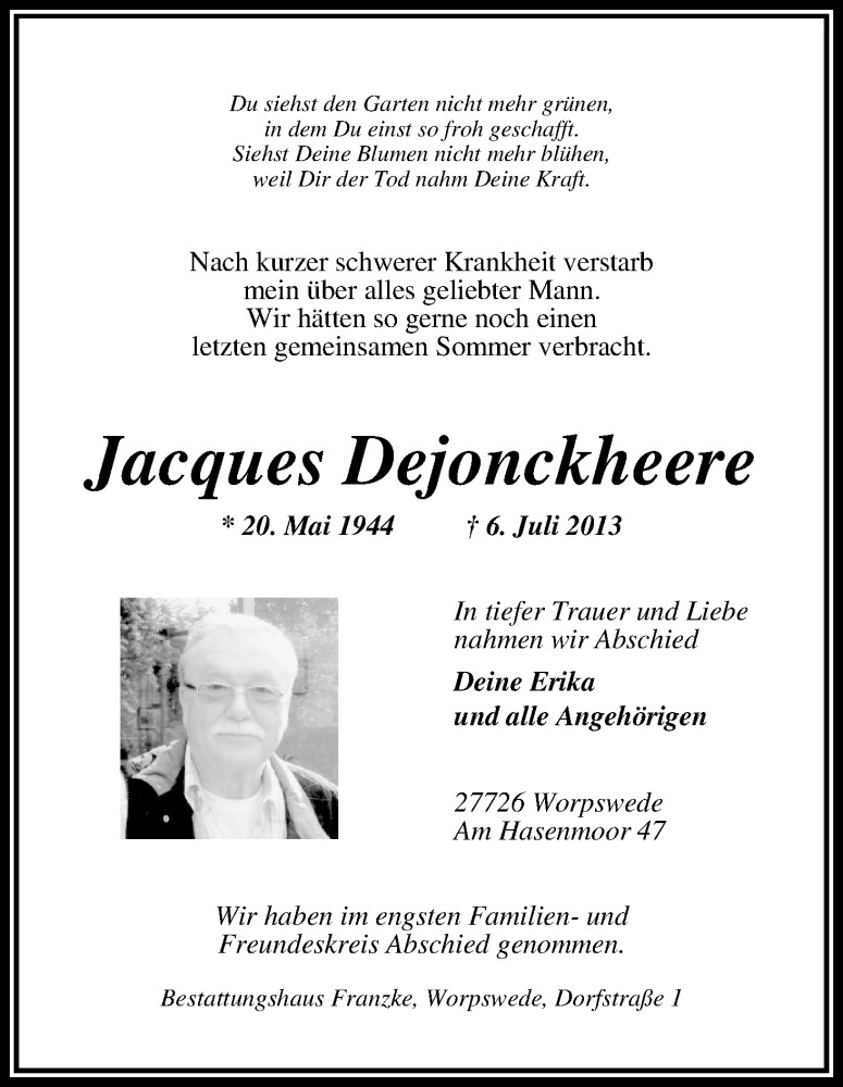 Traueranzeige von Jacques Dejonckheere von WESER-KURIER