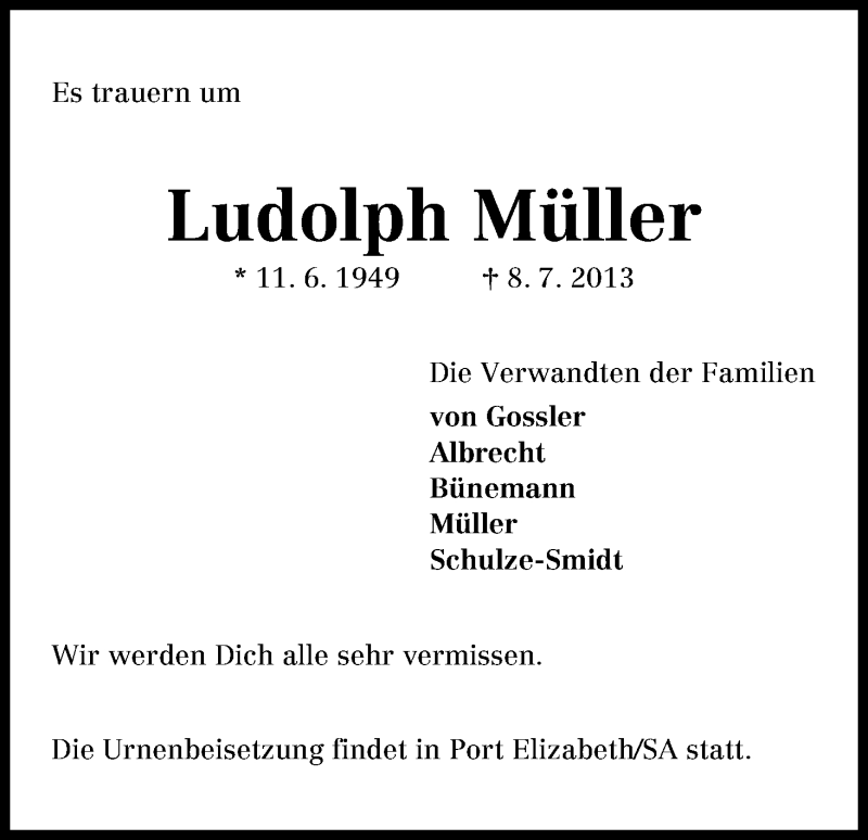 Traueranzeige von Ludolph Müller von WESER-KURIER