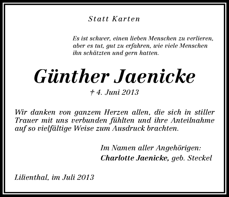 Traueranzeige von Günther Jaenicke von WESER-KURIER