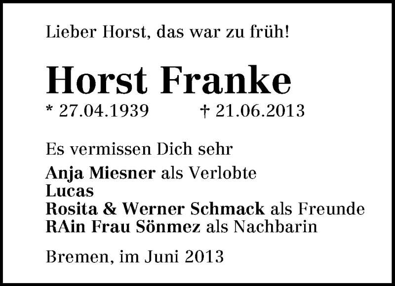 Traueranzeige von Horst Franke von WESER-KURIER