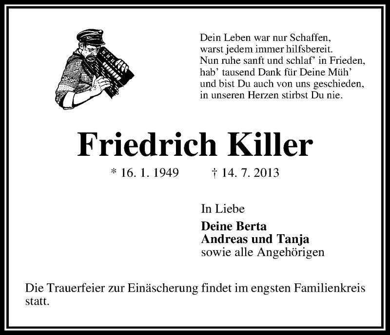 Traueranzeige von Friedrich Killer von WESER-KURIER