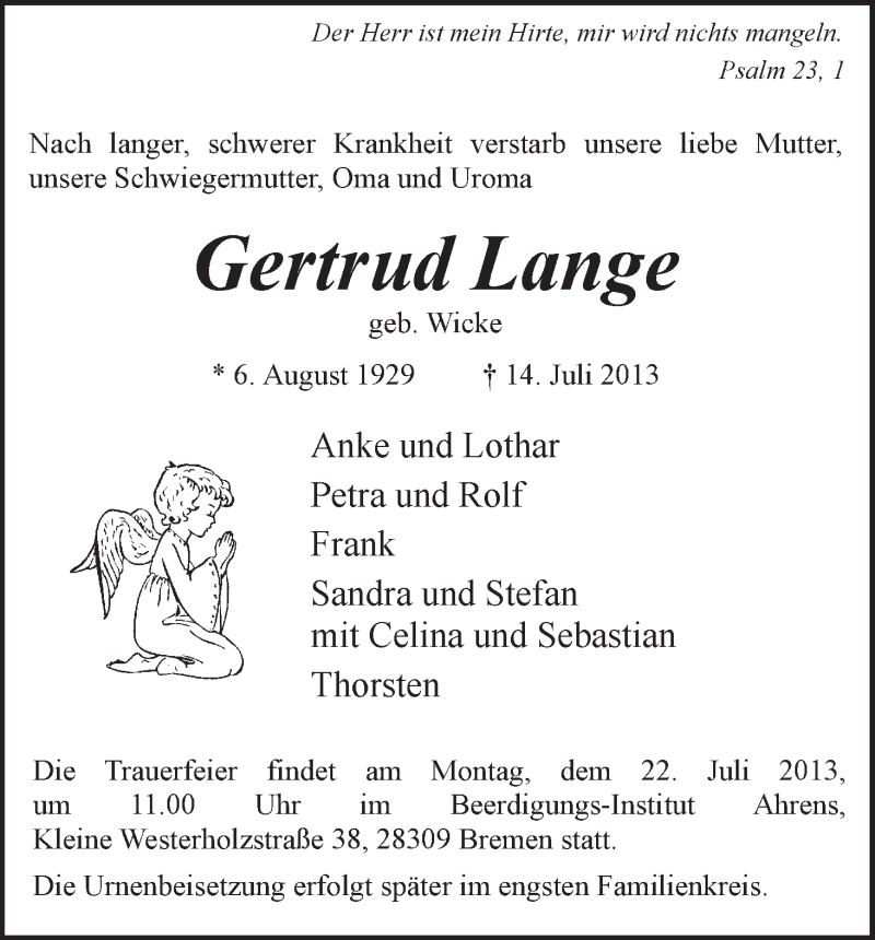 Traueranzeige von Gertrud Lange von WESER-KURIER