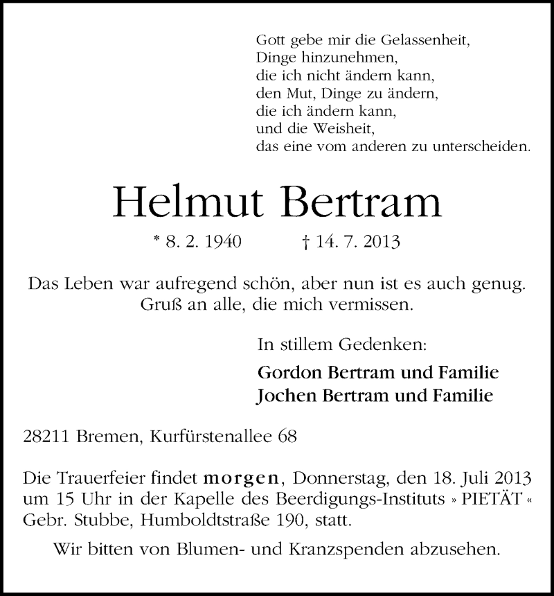 Traueranzeige von Helmut Bertram von WESER-KURIER