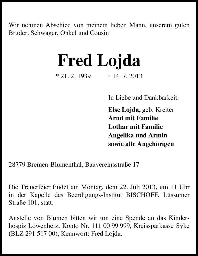 Traueranzeige von Fred Lojda von WESER-KURIER