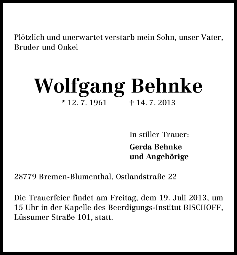 Traueranzeige von Wolfgang Behnke von WESER-KURIER