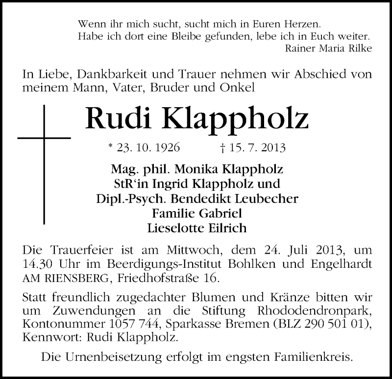 Traueranzeige von Rudi Klappholz von WESER-KURIER