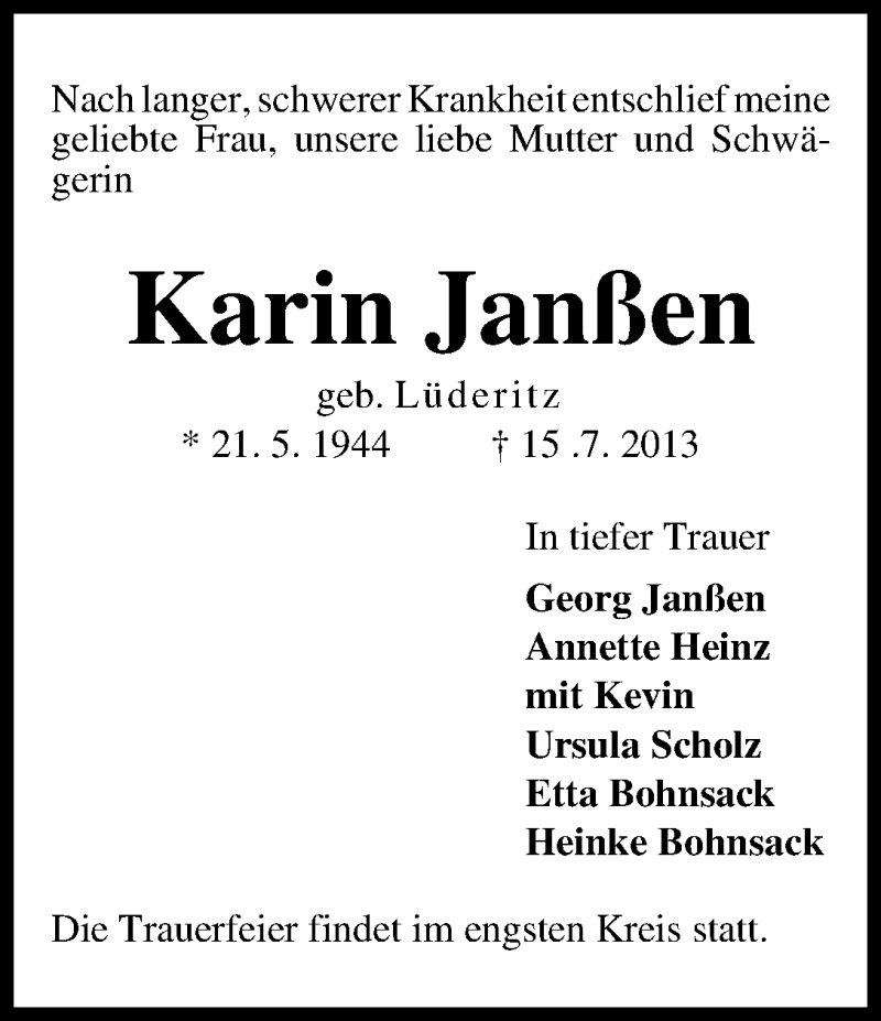 Traueranzeige von Karin Janßen von WESER-KURIER