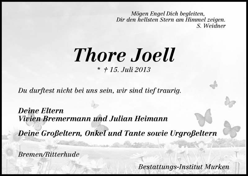 Traueranzeige von Thore Joell  von WESER-KURIER