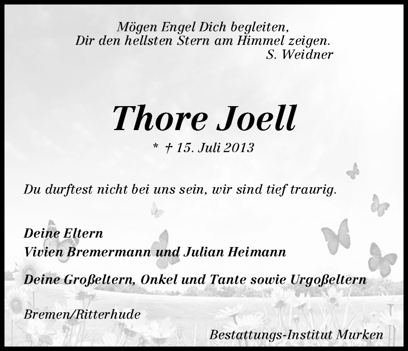 Traueranzeige von Thore Joell  von WESER-KURIER