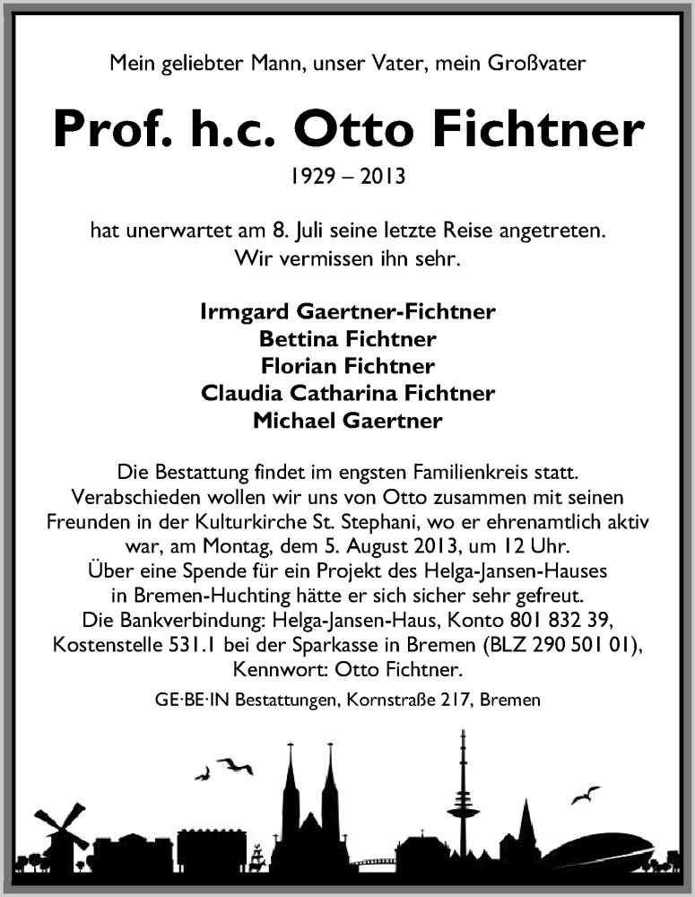 Traueranzeige von Otto Fichtner von WESER-KURIER