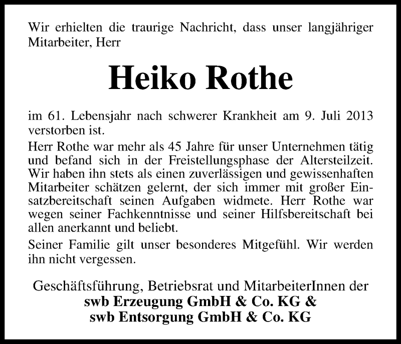 Traueranzeige von Heiko Rothe von WESER-KURIER