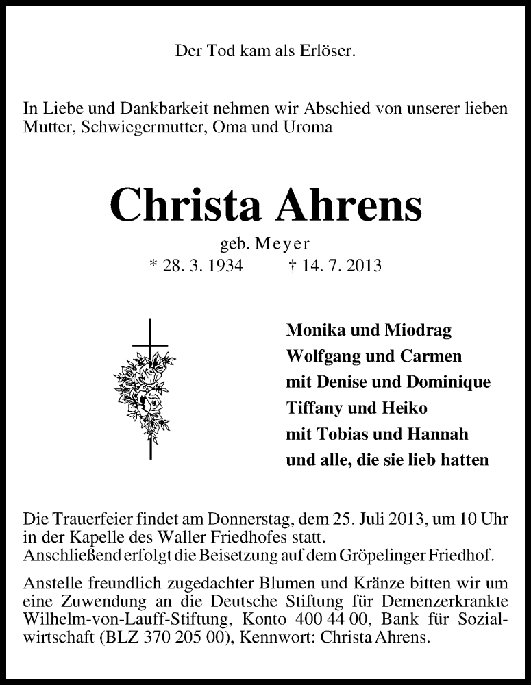 Traueranzeige von Christa Ahrens von WESER-KURIER