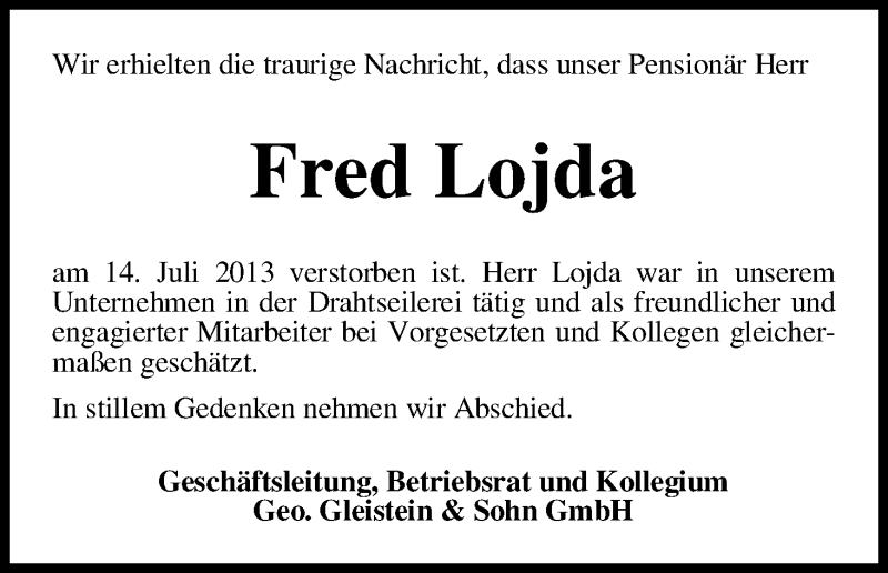 Traueranzeige von Fred Lojda von WESER-KURIER