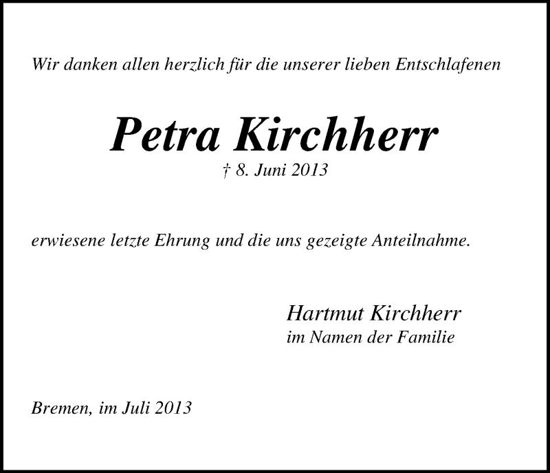 Traueranzeige von Petra Kirchherr von WESER-KURIER