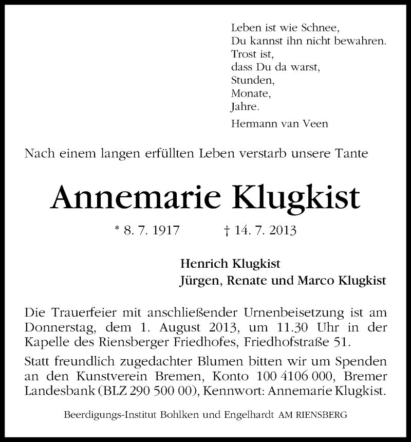 Traueranzeige von Annemarie Klugkist von WESER-KURIER