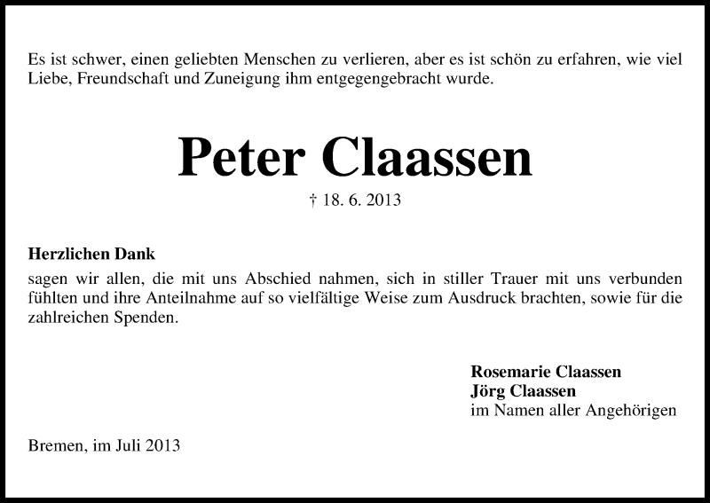 Traueranzeige von Peter Claassen von WESER-KURIER
